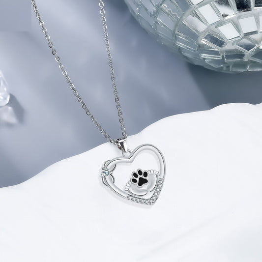 Dog Paw in Heart Necklace | Silver