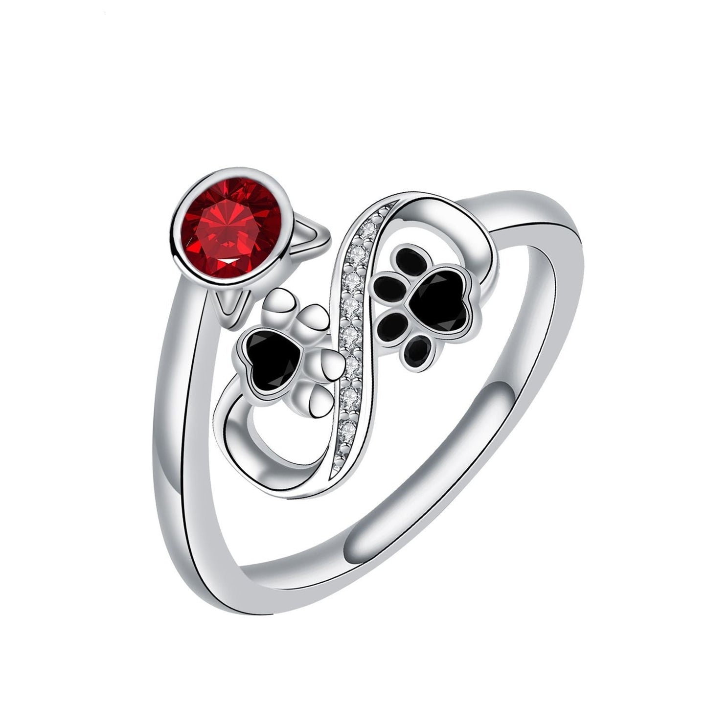 Black Paw Print Adjustable Ring With Red Gemstone™