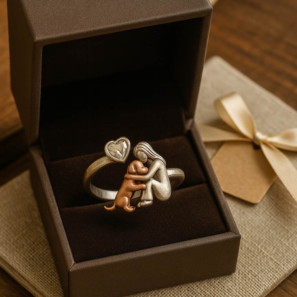 Woman & Dog Hug Ring | Rose/Silver