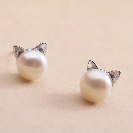 Cat Pearl Stud Earrings | Rosegold