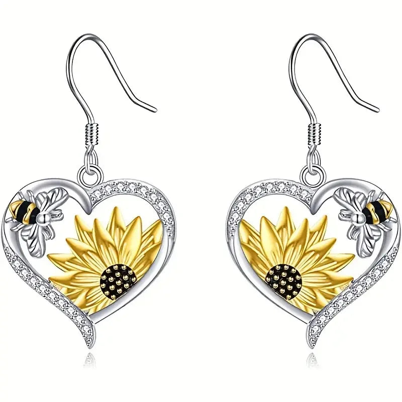 Vintage Boho Sunflower & Bee Heart Dangle Earrings™
