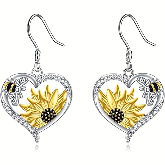 Vintage Boho Sunflower & Bee Heart Dangle Earrings™
