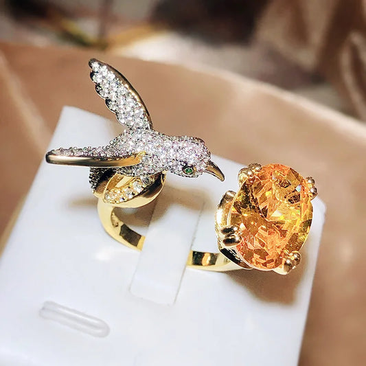 Adjustable Hummingbird Gemstone Ring™ – Zircon, 14K Gold Plated
