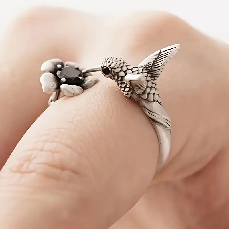 Hummingbird & Flower Ring™ – Adjustable Open Bird Ring for Women