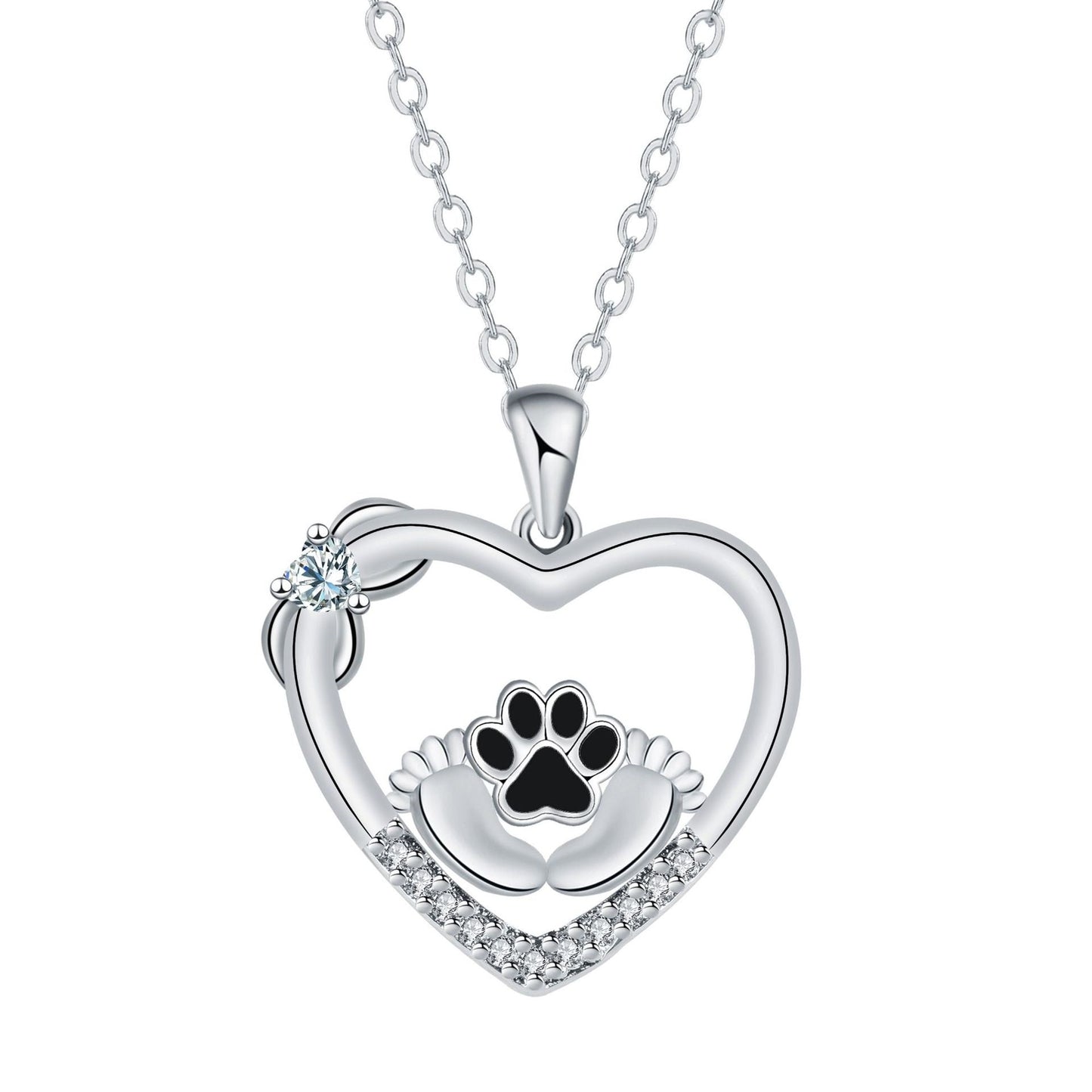 Dog Paw in Heart Necklace | Silver