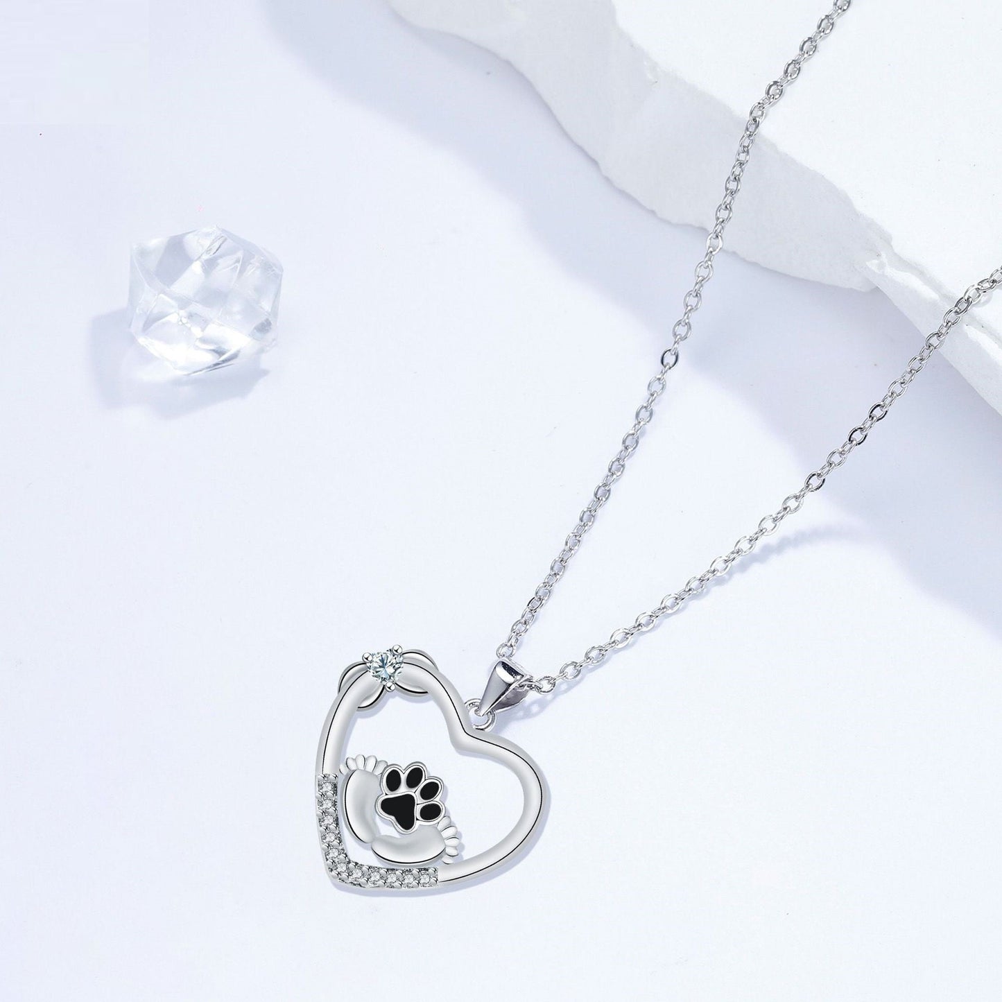 Dog Paw in Heart Necklace | Silver