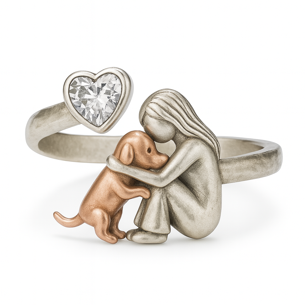 Woman & Dog Hug Ring | Rose/Silver