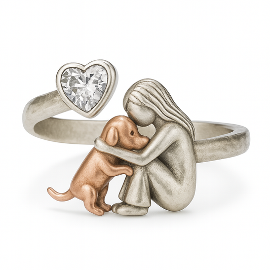 Woman & Dog Hug Ring | Rose/Silver