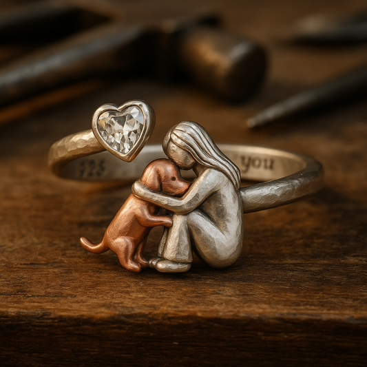 Woman & Dog Hug Ring | Rose/Silver