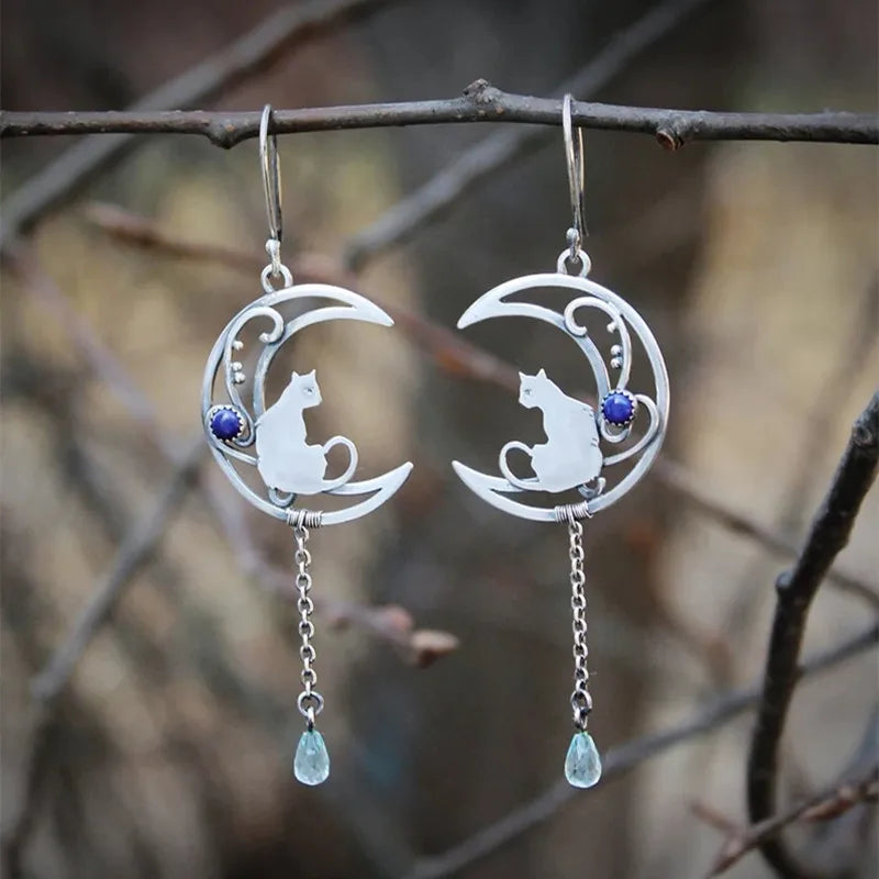 Moonlight Cat Earrings | Silver