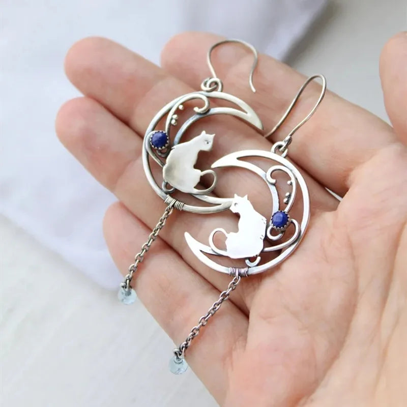 Moonlight Cat Earrings | Silver