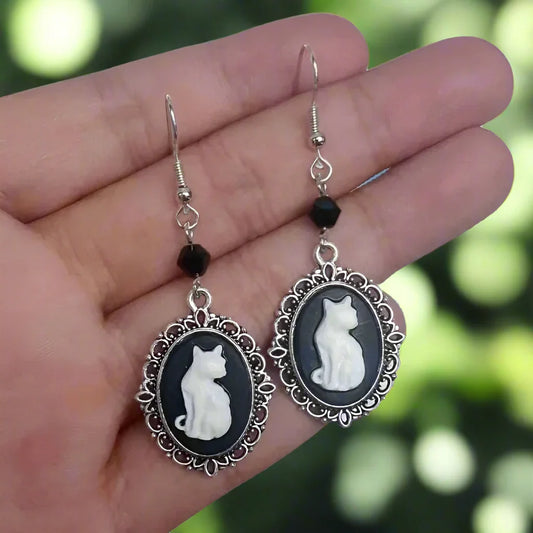 Vintage White Cat Drop Earrings™ – Silver Frame Jewelry for Women