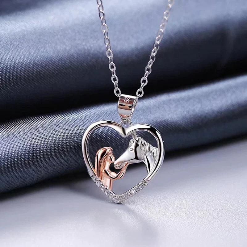 Beautiful Heart Zircon Girl and Horse Necklace™