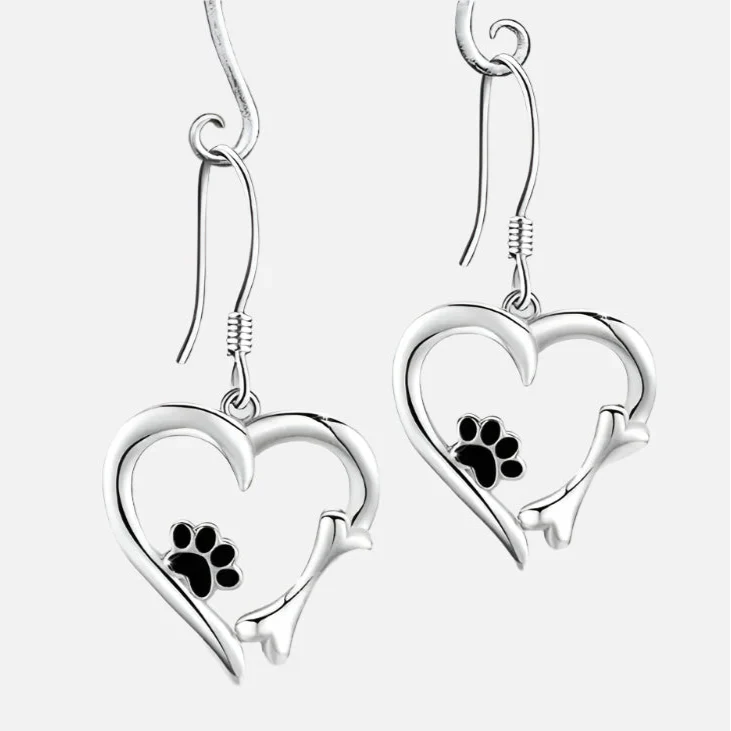 Silver Drop Earrings with Heart & Paw Design™