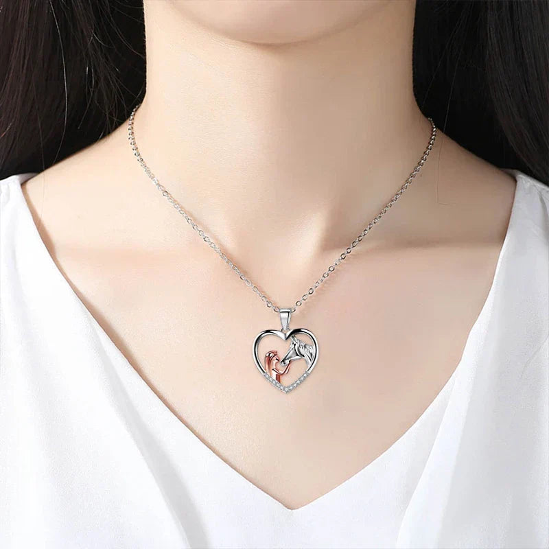 Beautiful Heart Zircon Girl and Horse Necklace™
