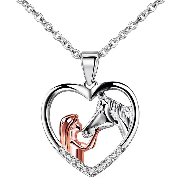Beautiful Heart Zircon Girl and Horse Necklace™