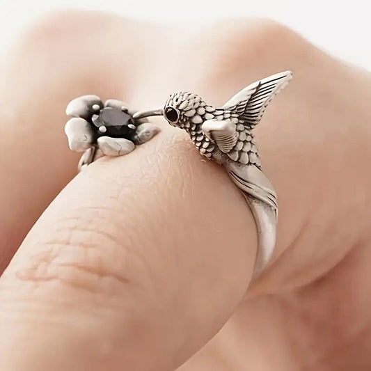 Hummingbird & Flower Ring™ – Adjustable Open Bird Ring for Women