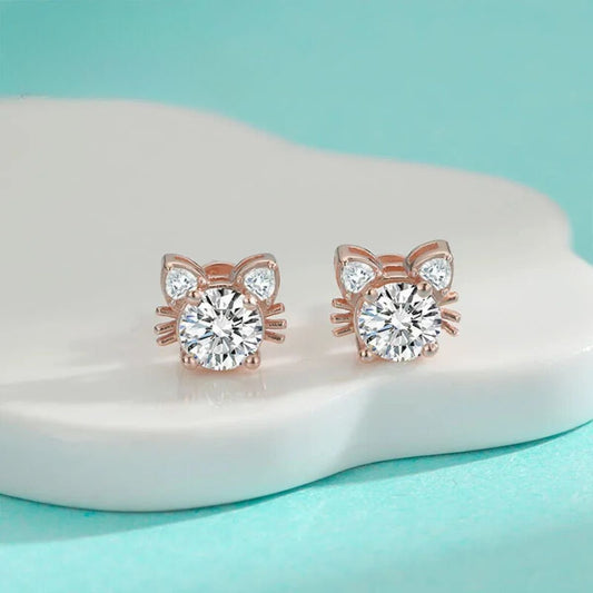 Moissanite Rose Gold Cat Stud Earrings in 925 Sterling Silver™
