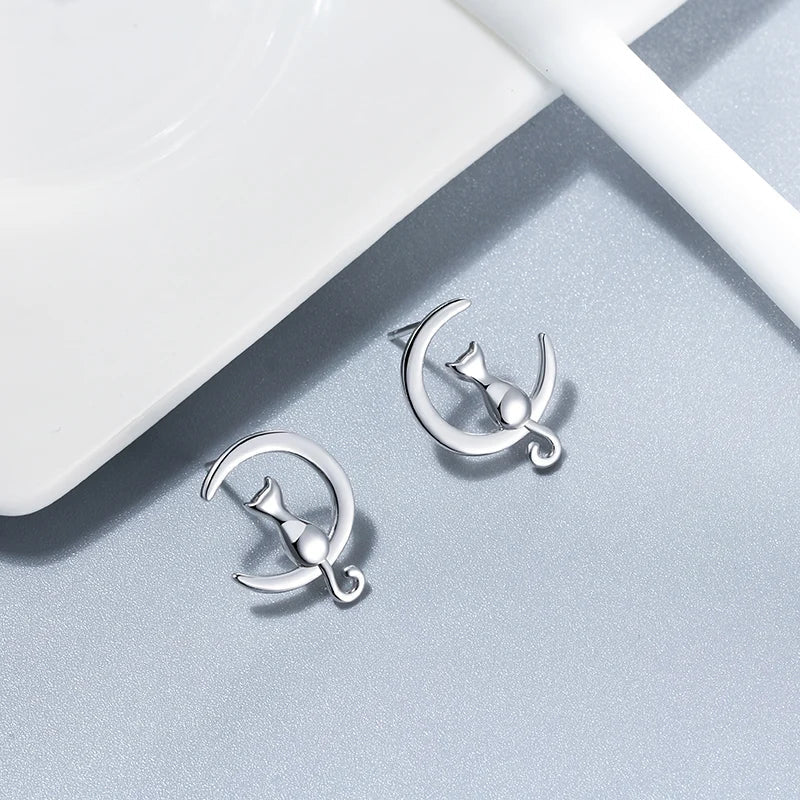 Moon & Cat Sterling Silver Stud Cat Earrings™