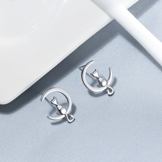 Moon & Cat Sterling Silver Stud Cat Earrings™